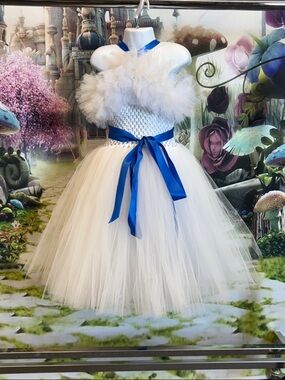 White Tulle Tutu Girl Dress with Royal Blue Ribbon